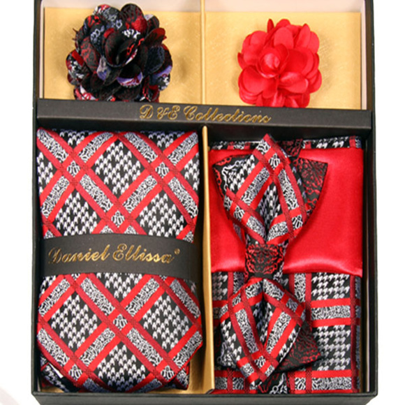 6 Piece Black Silver Red Necktie & Bow Tie Set